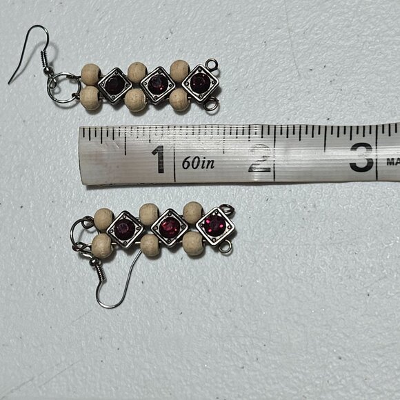 Boho Handcrafted Wooden Bead Red Gemstone Dangle Earrings Statement Jewelry - Picture 4 of 4